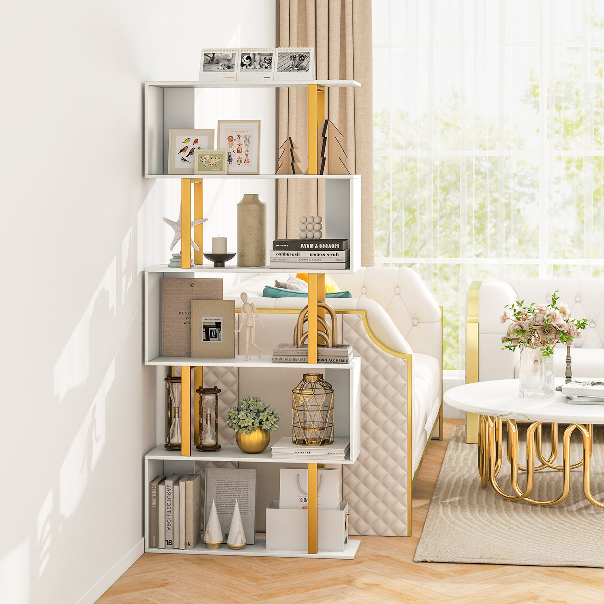 5-Tier Geometric Bookcase with Metal Frame & Anti-Tipping Kit