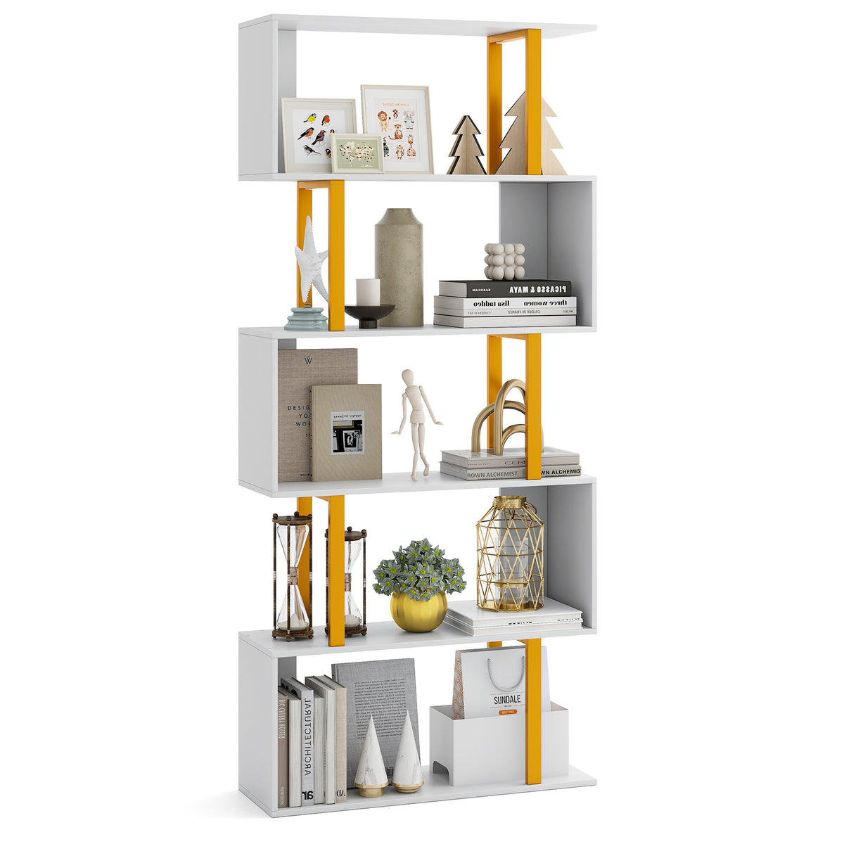5-Tier Geometric Bookcase with Metal Frame & Anti-Tipping Kit