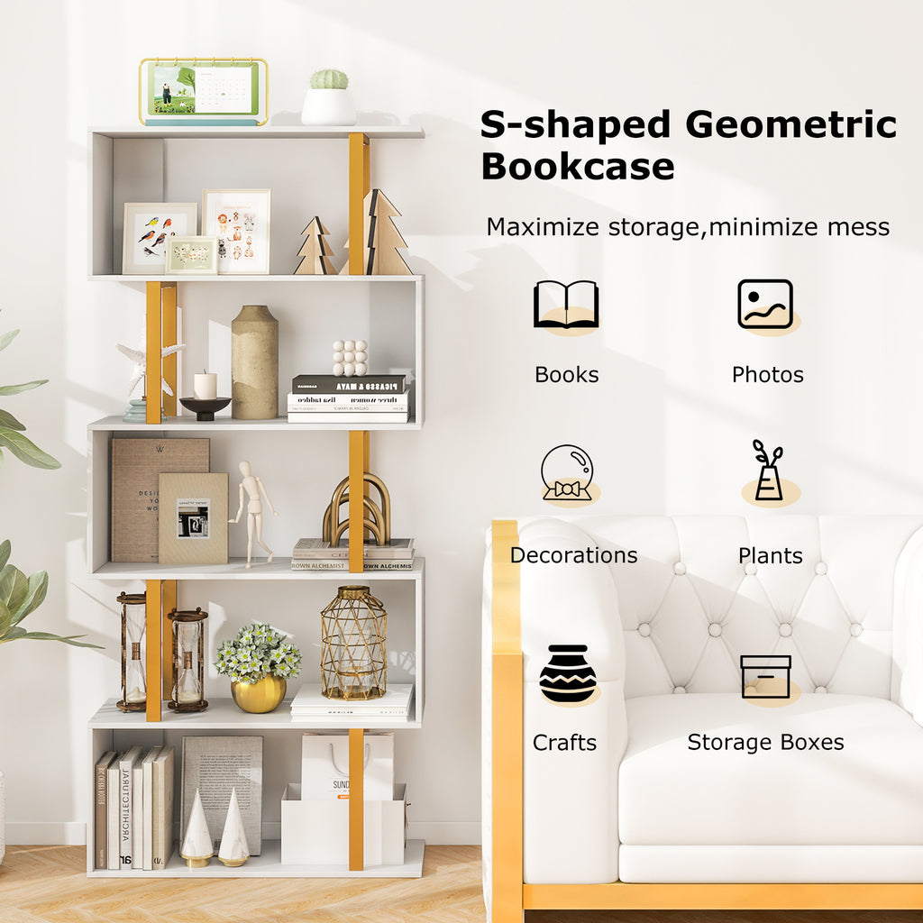 5-Tier Geometric Bookcase with Metal Frame & Anti-Tipping Kit