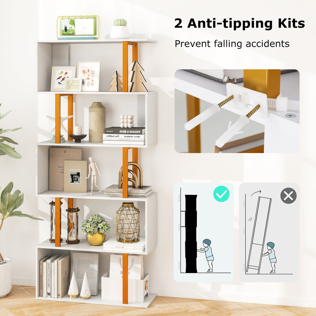 5-Tier Geometric Bookcase with Metal Frame & Anti-Tipping Kit