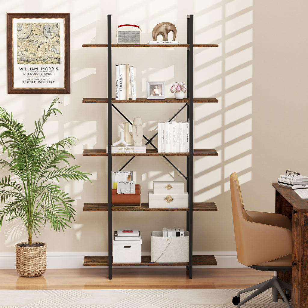 5-Tier 62 Inch Tall Vintage Industrial Bookcase with Open Storage