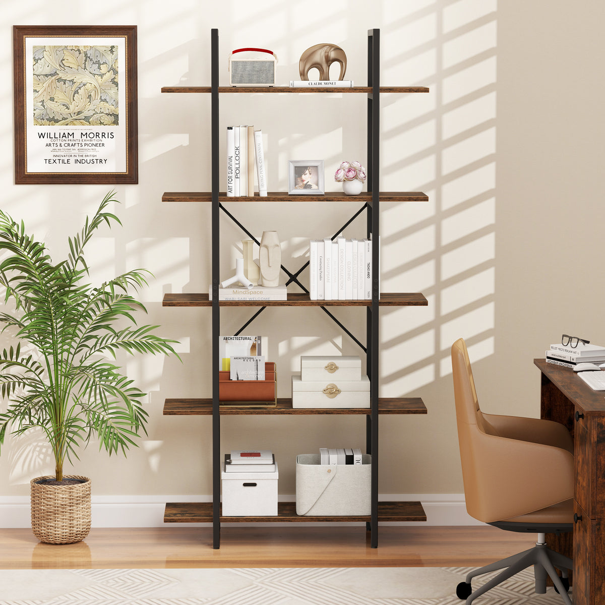5-Tier 62 Inch Tall Vintage Industrial Bookcase with Open Storage