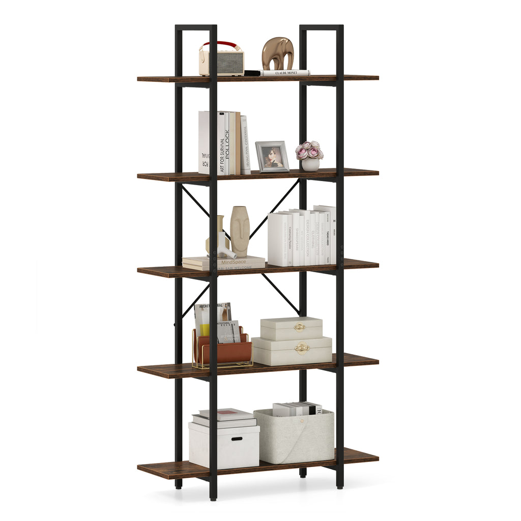 5-Tier 62 Inch Tall Vintage Industrial Bookcase with Open Storage