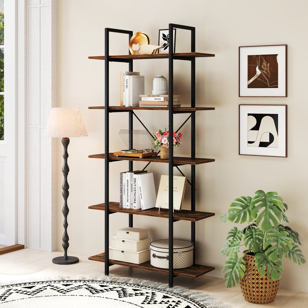 5-Tier 62 Inch Tall Vintage Industrial Bookcase with Open Storage