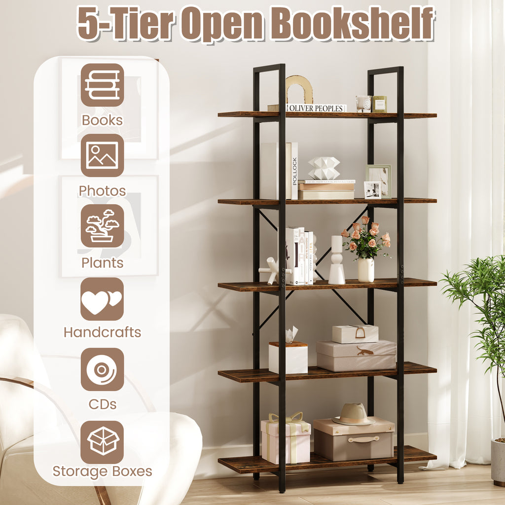 5-Tier 62 Inch Tall Vintage Industrial Bookcase with Open Storage