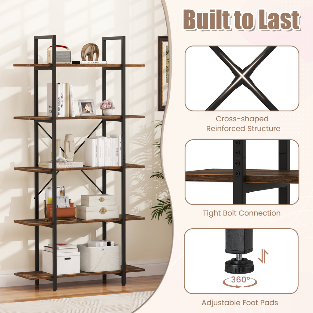 5-Tier 62 Inch Tall Vintage Industrial Bookcase with Open Storage