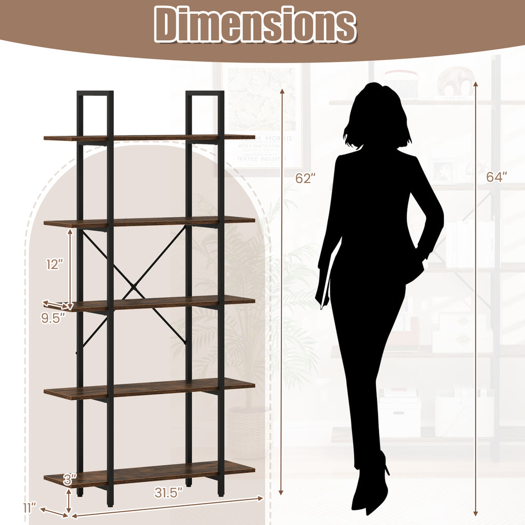 5-Tier 62 Inch Tall Vintage Industrial Bookcase with Open Storage