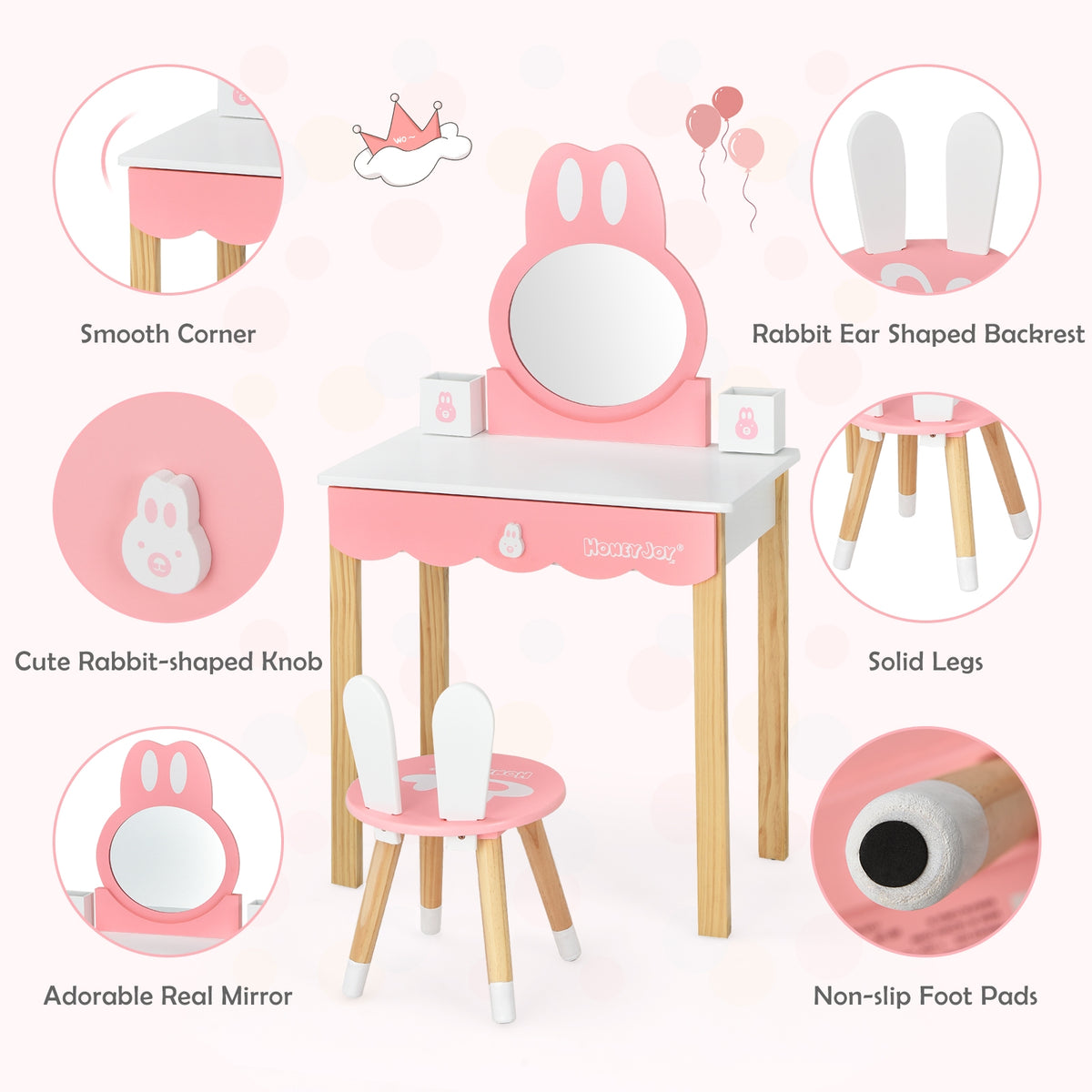 Kids Rabbit Vanity Table Chair Set with Mirror & Drawer - White