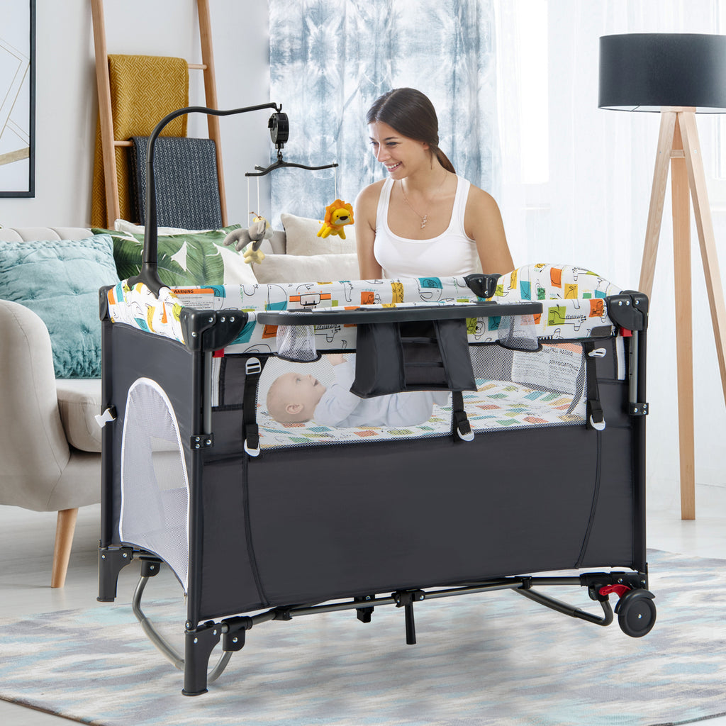 5-in-1 Foldable Baby Playpen Bedside Crib with Music Box - Gray - Costway