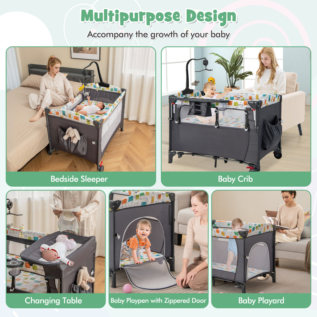 5-in-1 Foldable Baby Playpen Bedside Crib with Music Box - Gray - Costway