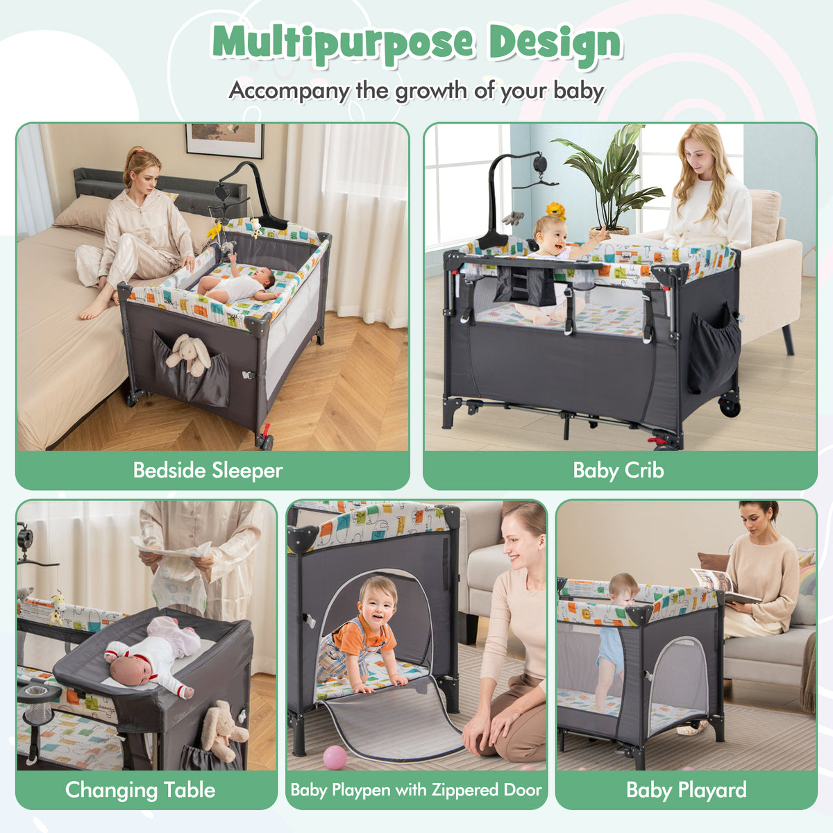 5-in-1 Foldable Baby Playpen Bedside Crib with Music Box - Gray - Costway