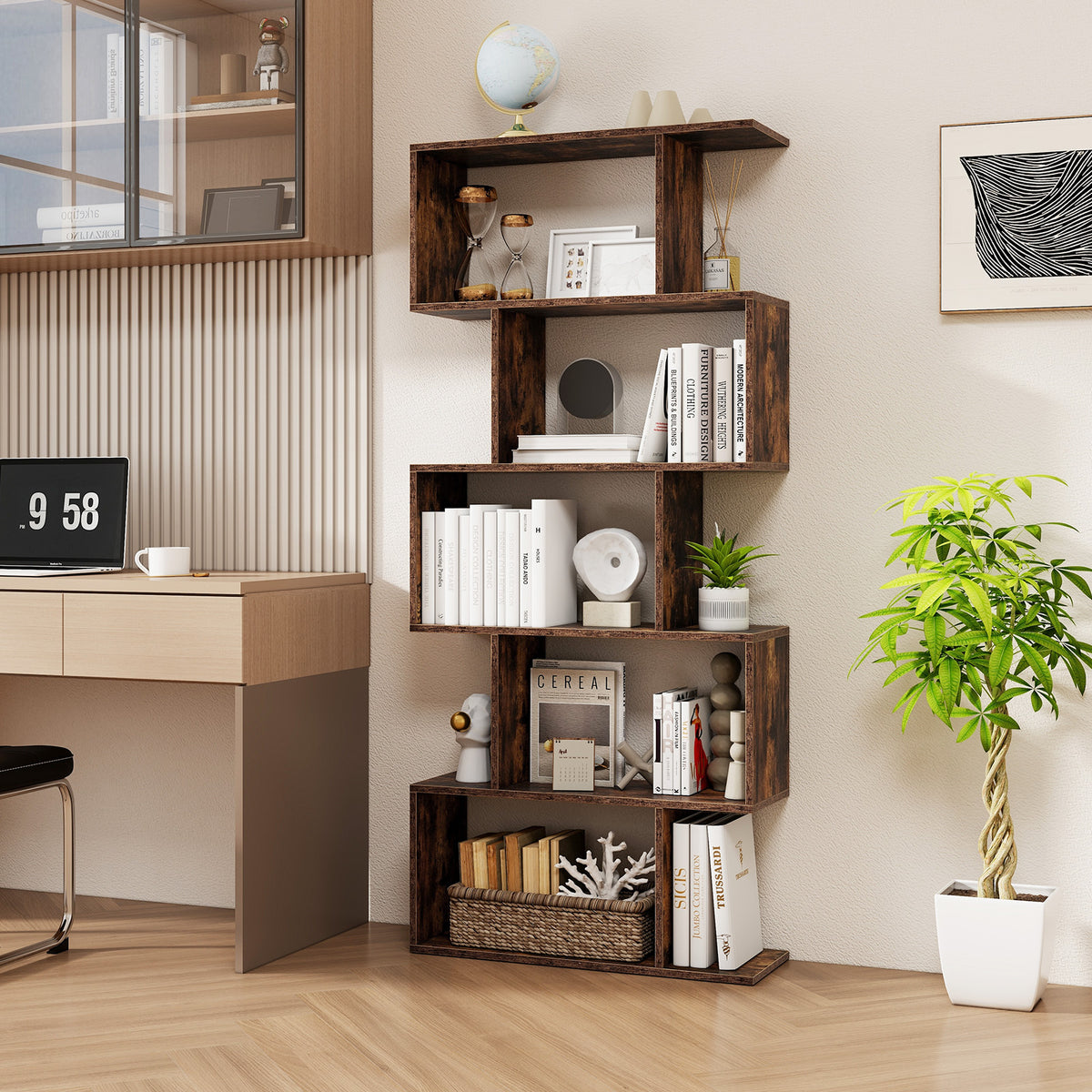 5-Tier S-Shaped Bookshelf with Anti-Toppling Device, Rustic Brown