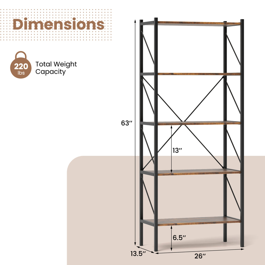 5-Tier Bookshelf with Metal Frame – Rustic Brown
