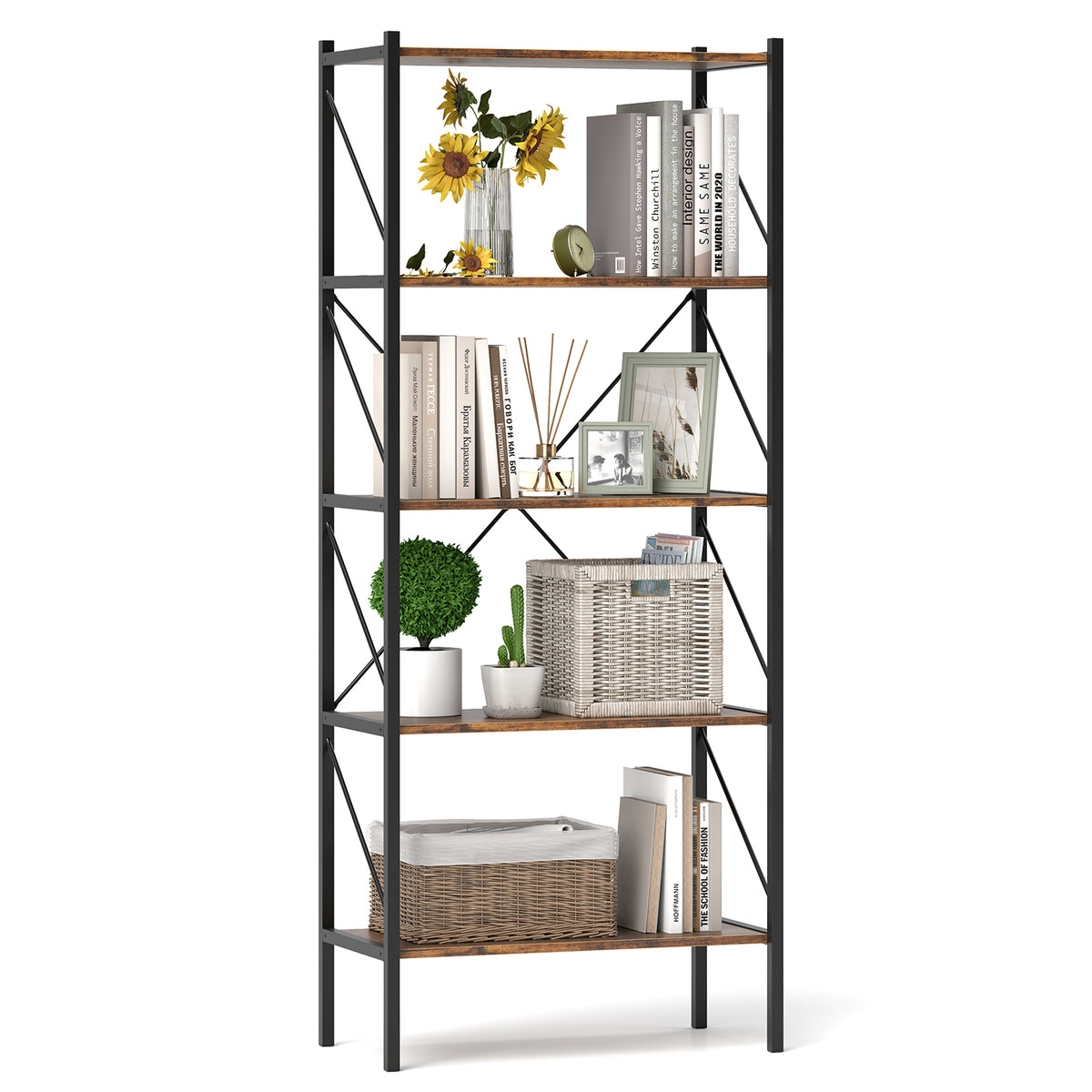 5-Tier Bookshelf with Metal Frame – Rustic Brown