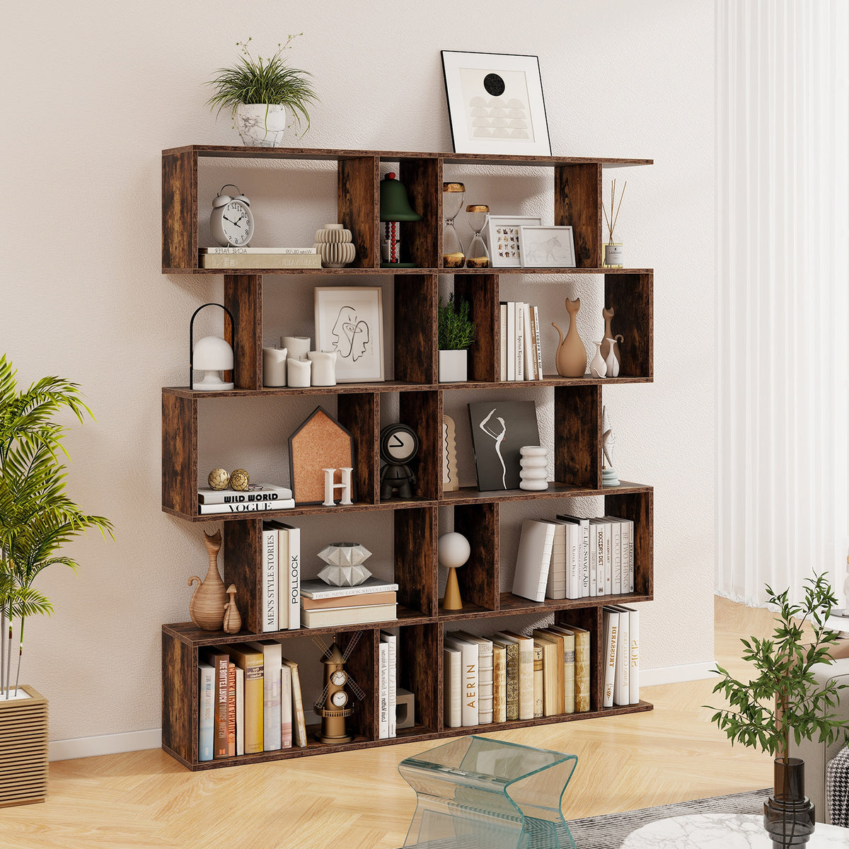 5-Tier S-Shaped Bookshelf with Anti-Toppling Device, Rustic Brown
