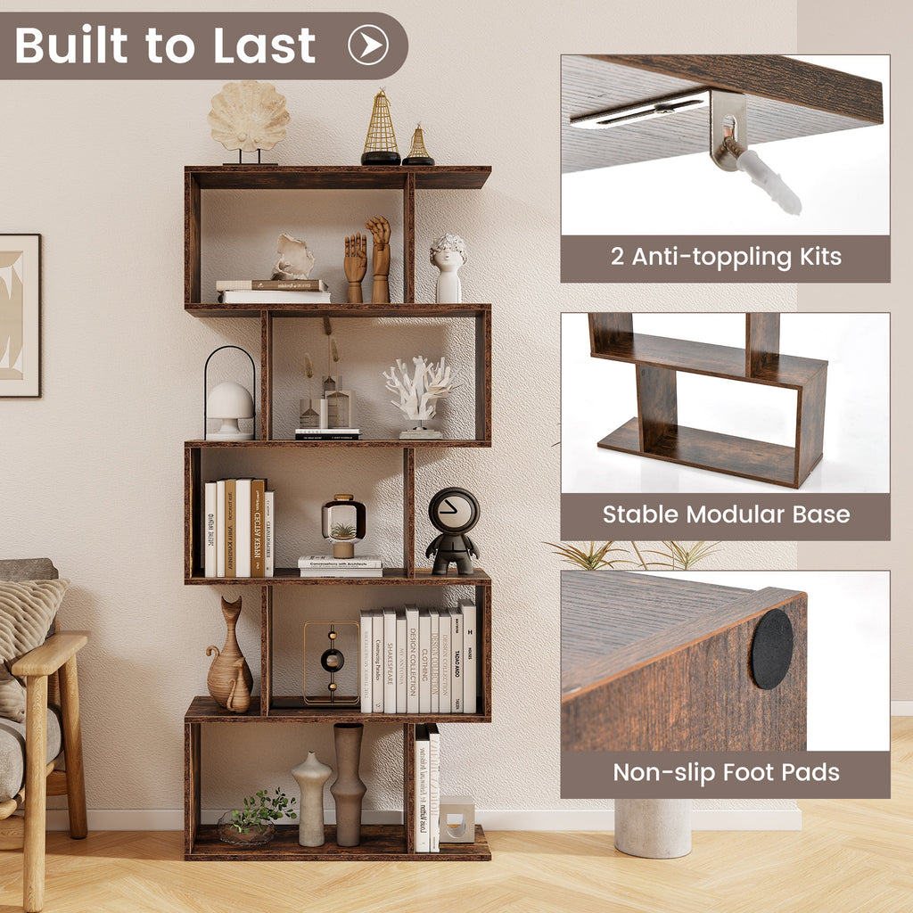 5-Tier S-Shaped Bookshelf with Anti-Toppling Device - Rustic Brown