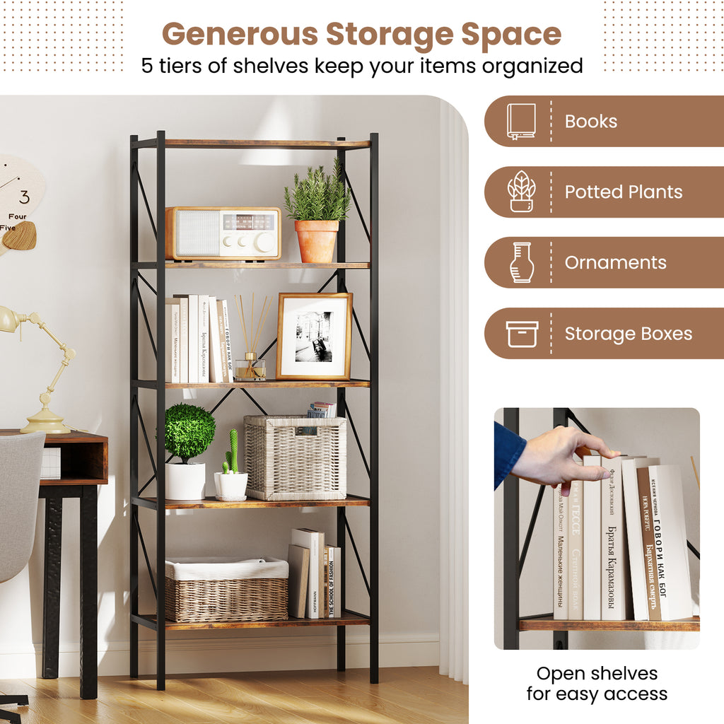 5-Tier Bookshelf with Metal Frame – Rustic Brown