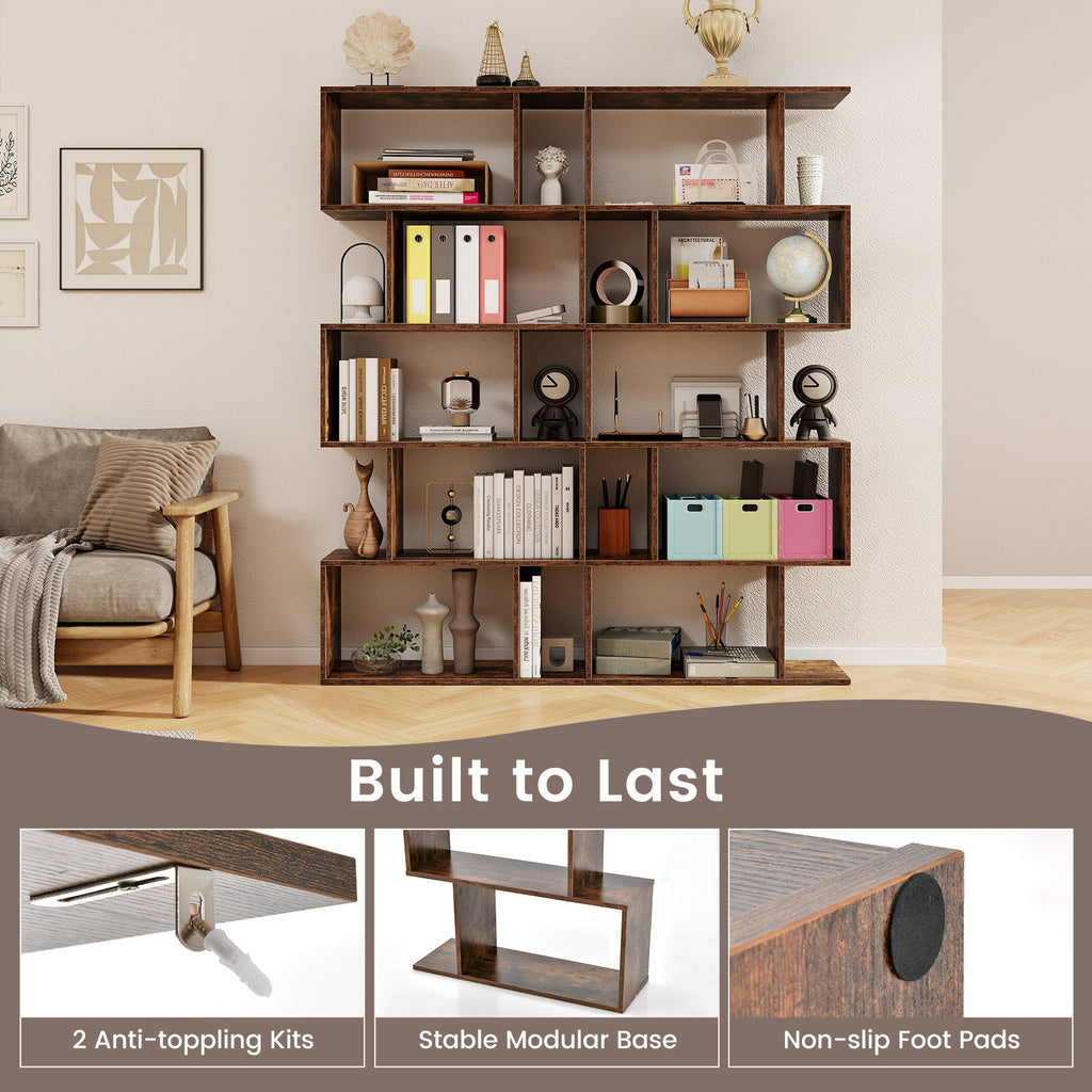 5-Tier S-Shaped Bookshelf with Anti-Toppling Device - Rustic Brown