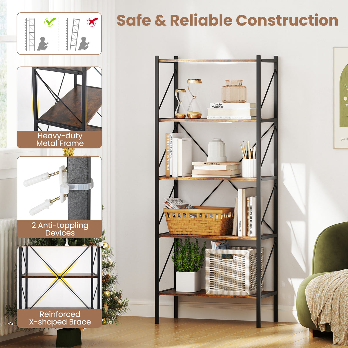 5-Tier Bookshelf with Metal Frame – Rustic Brown