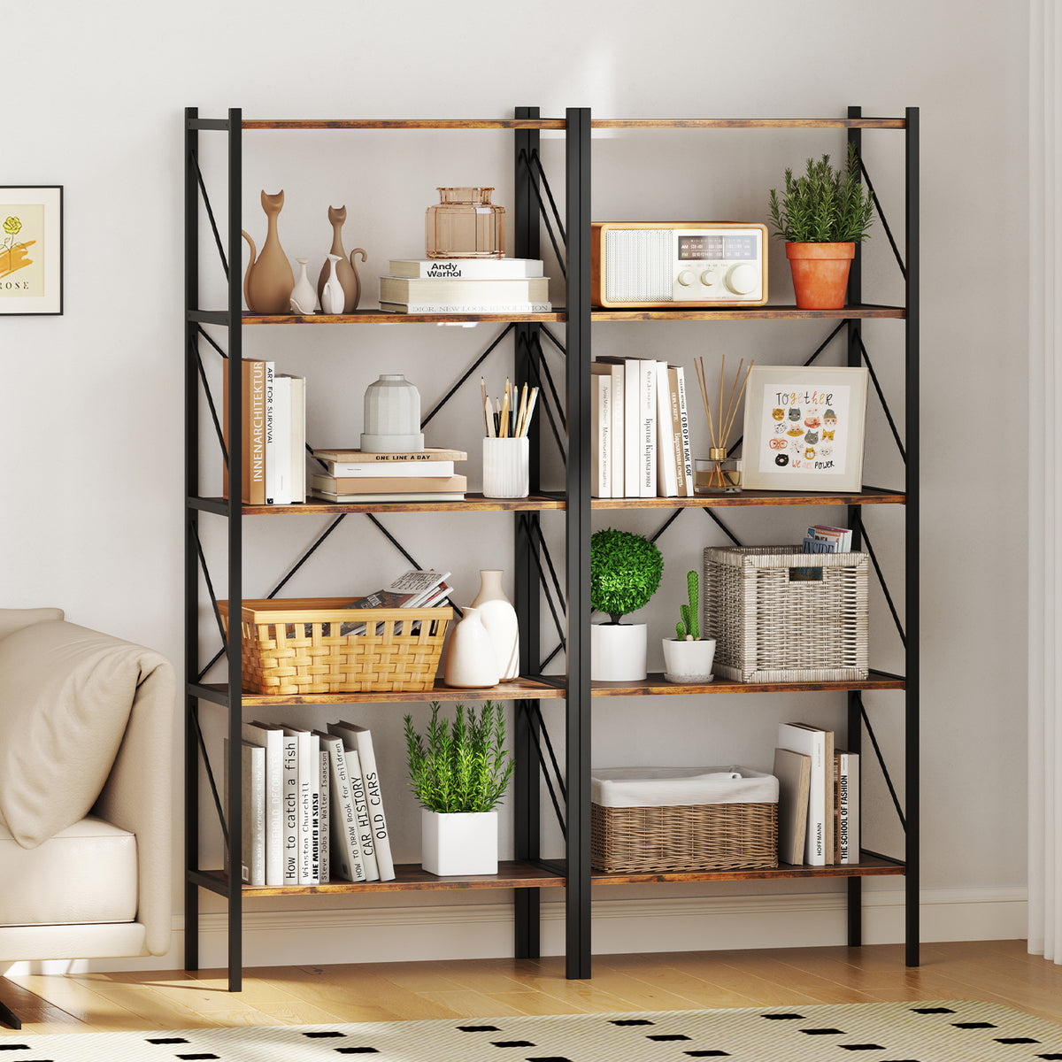 5-Tier Bookshelf with Metal Frame – Rustic Brown