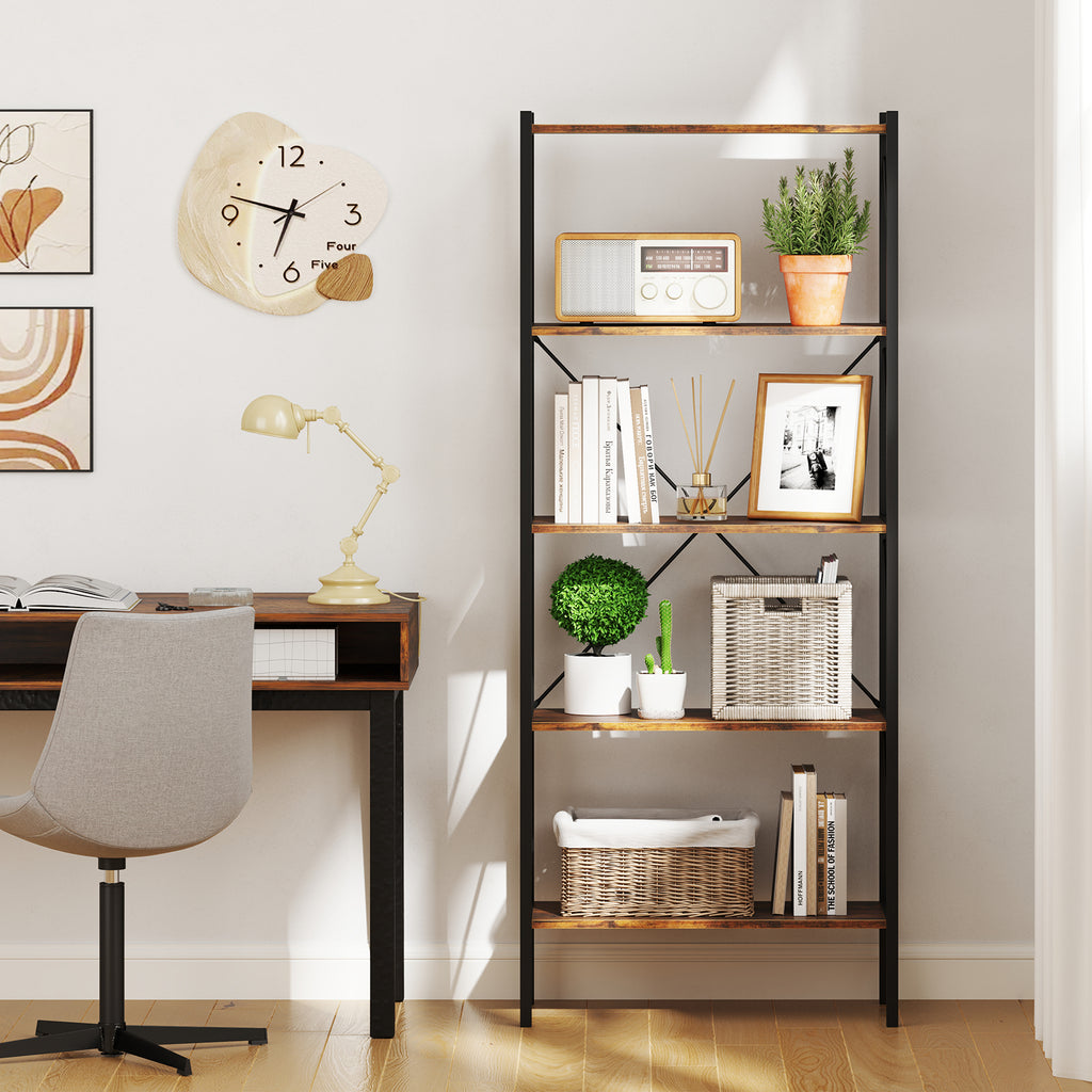 5-Tier Bookshelf with Metal Frame – Rustic Brown