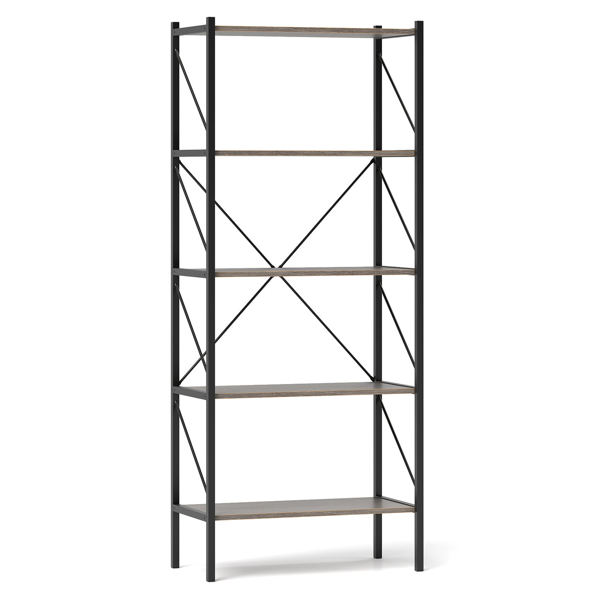 5-Tier Bookshelf with Metal Frame – Rustic Brown