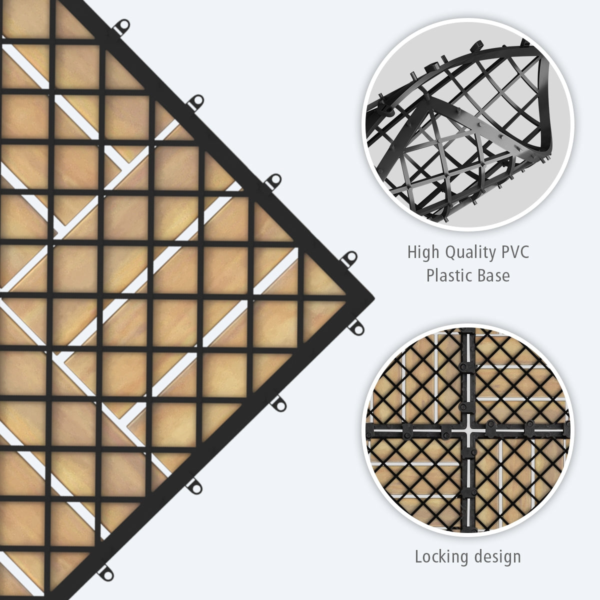 Checker Pattern Acacia Wood Interlocking Deck Tiles - 12x12 Inch, 10 Pack