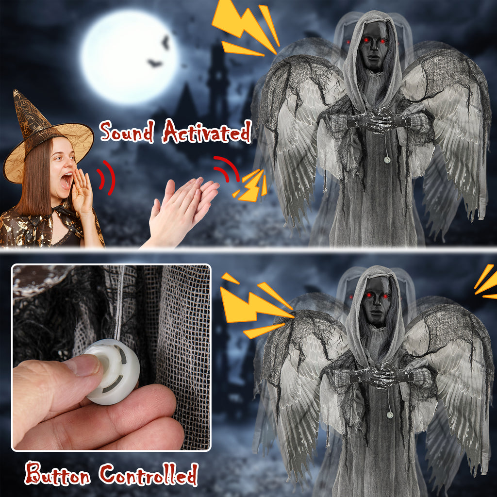 Halloween Animatronic Decoration with Light-Up Eyes and Shaking Wings - Praying Angel Style