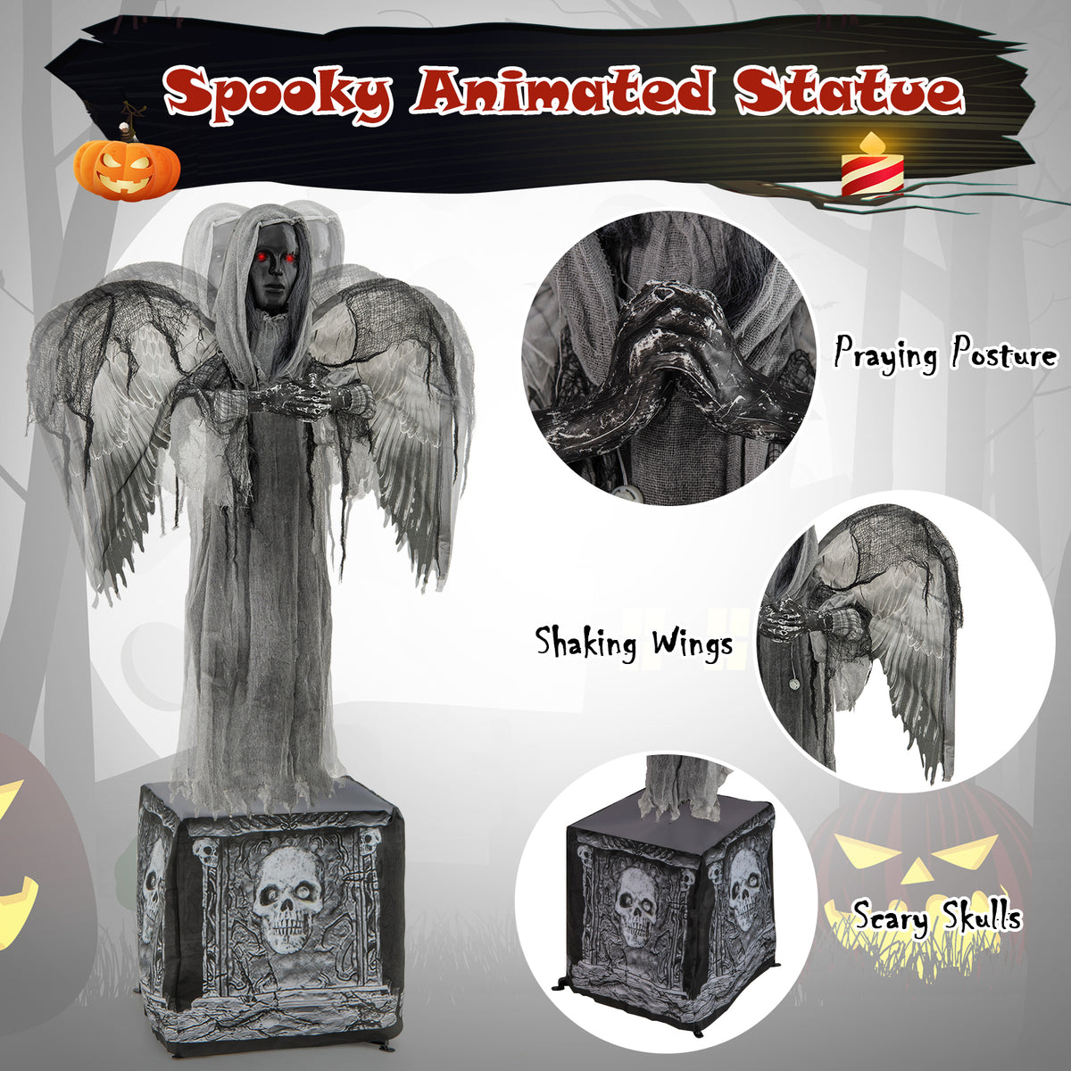 Halloween Animatronic Decoration with Light-Up Eyes and Shaking Wings - Praying Angel Style