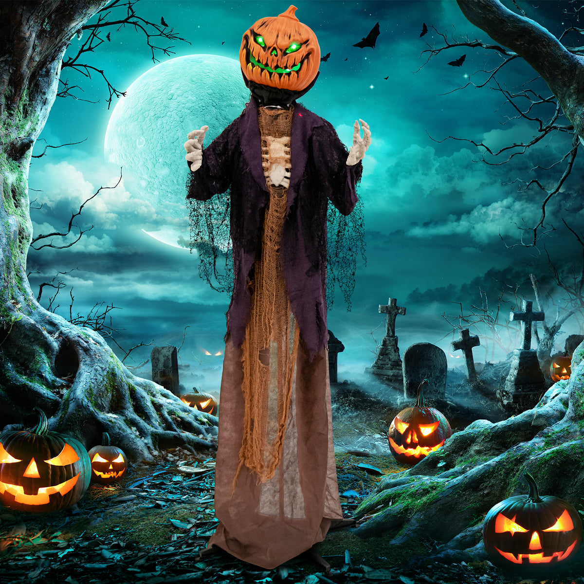 Halloween Animated Standing Pumpkin Scarecrow - 5.6 Feet with Sound & Lights - Pumpkin Scarecrow Decoration