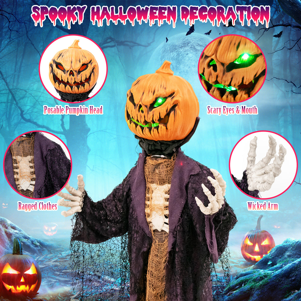 Halloween Animated Standing Pumpkin Scarecrow - 5.6 Feet with Sound & Lights - Pumpkin Scarecrow Decoration