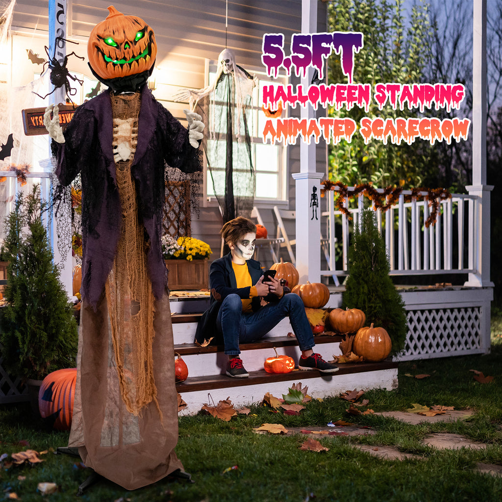 Halloween Animated Standing Pumpkin Scarecrow - 5.6 Feet with Sound & Lights - Pumpkin Scarecrow Decoration