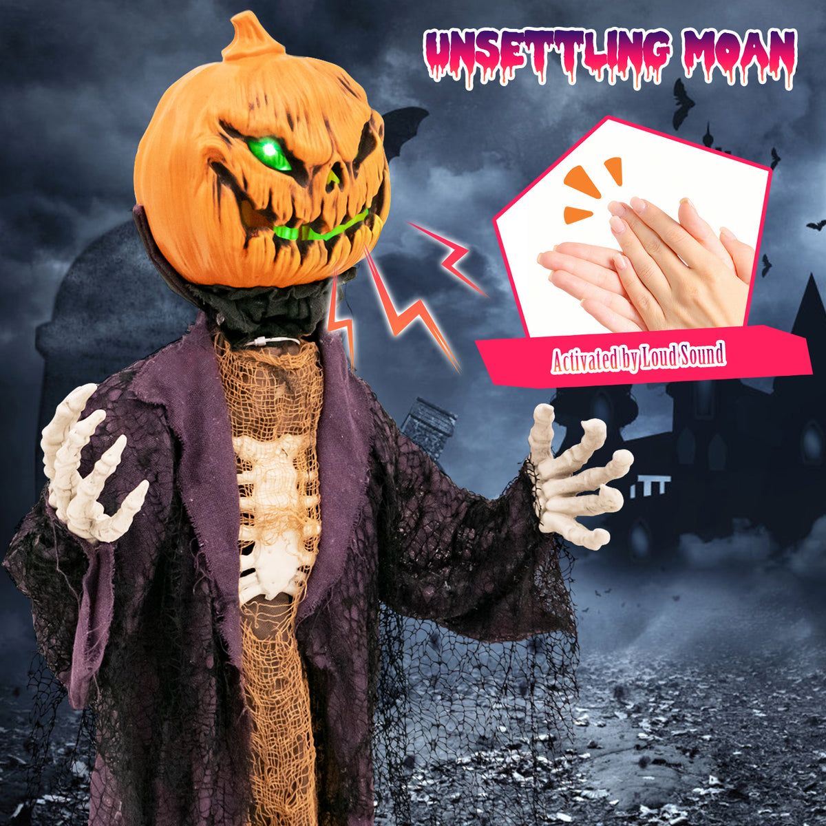 Halloween Animated Standing Pumpkin Scarecrow - 5.6 Feet with Sound & Lights - Pumpkin Scarecrow Decoration