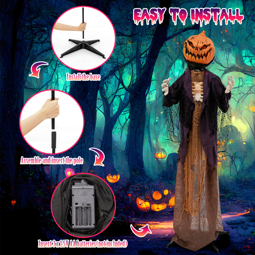 Halloween Animated Standing Pumpkin Scarecrow - 5.6 Feet with Sound & Lights - Pumpkin Scarecrow Decoration