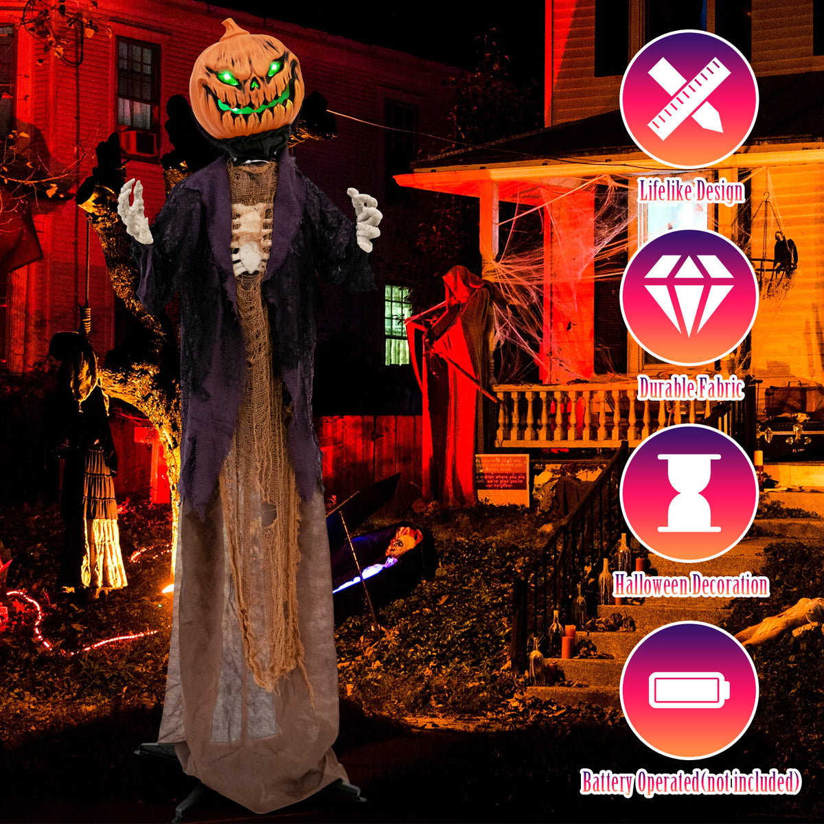 Halloween Animated Standing Pumpkin Scarecrow - 5.6 Feet with Sound & Lights - Pumpkin Scarecrow Decoration