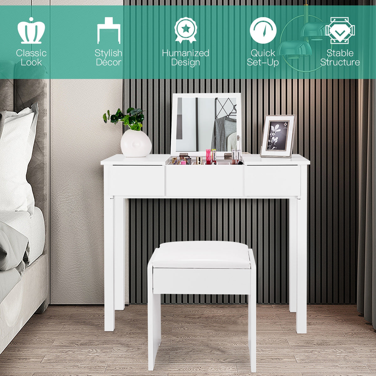 Makeup Dressing Table with Flip Top Mirror & Cushioned Stool, White