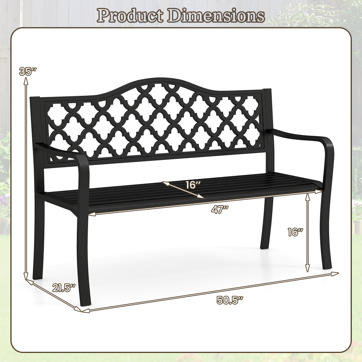 50.5 Inch Patio Bench with Curved Armrests for 2-3 People