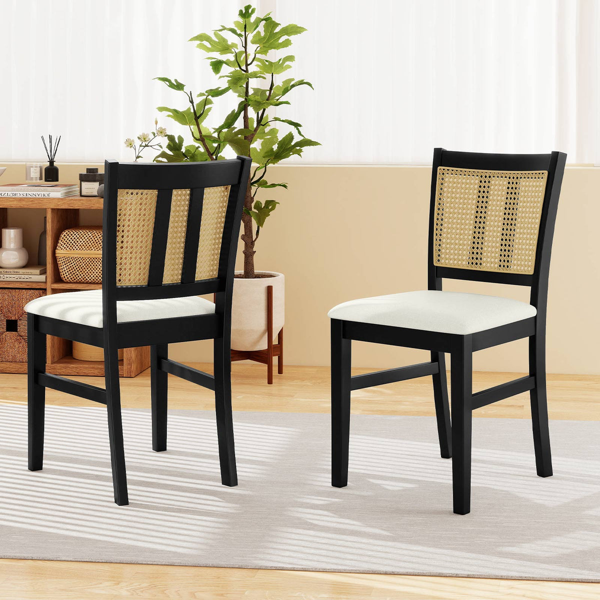 Farmhouse Rattan Dining Chairs Set of 2, Beige