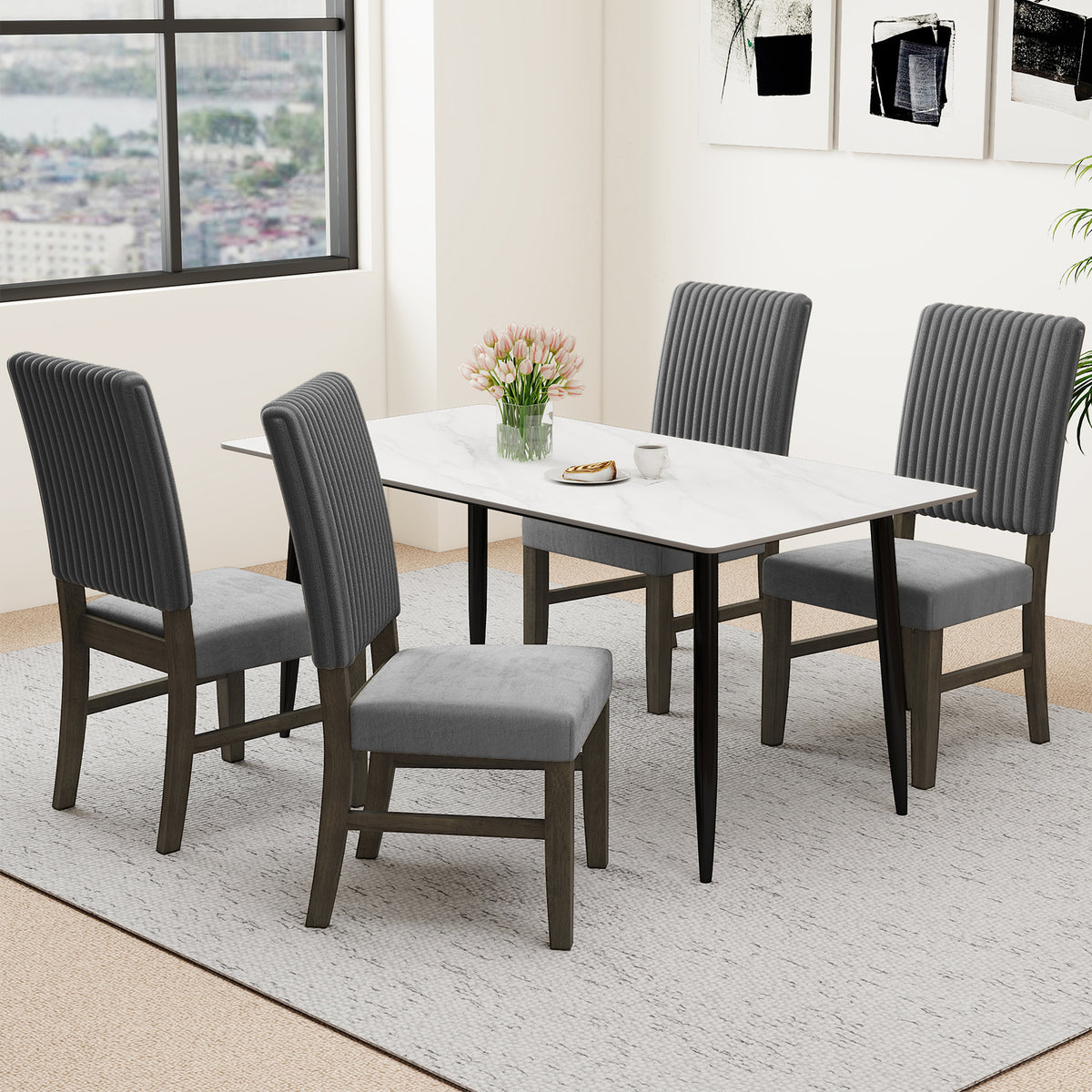 Dining Chair Set of 2 Mid-Century Modern Velvet Upholstered - Gray