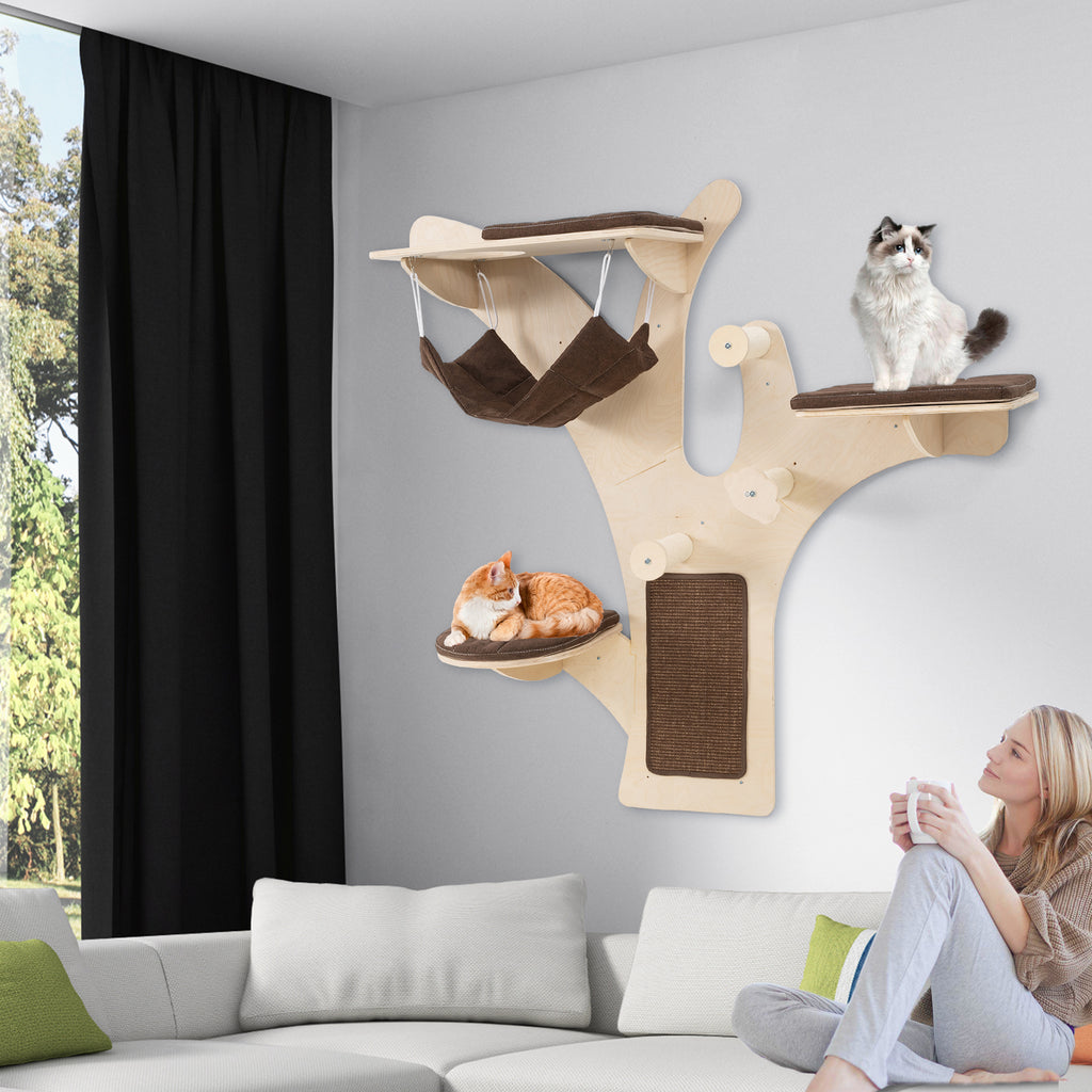 Wall-Mounted Cat Shelf with Perch - Brown Cat Wall Furniture