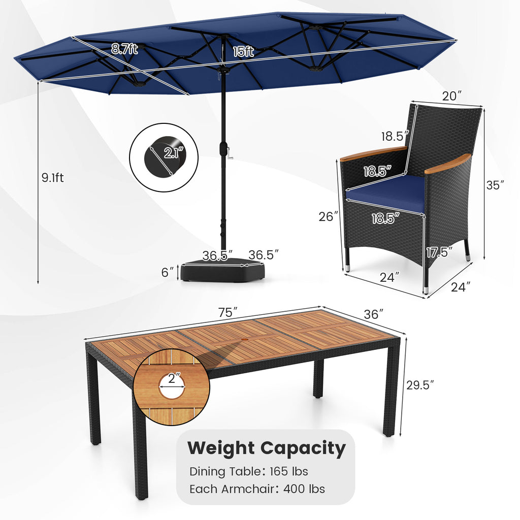 10-Piece Patio Dining Set with 15ft Double Umbrella - Navy