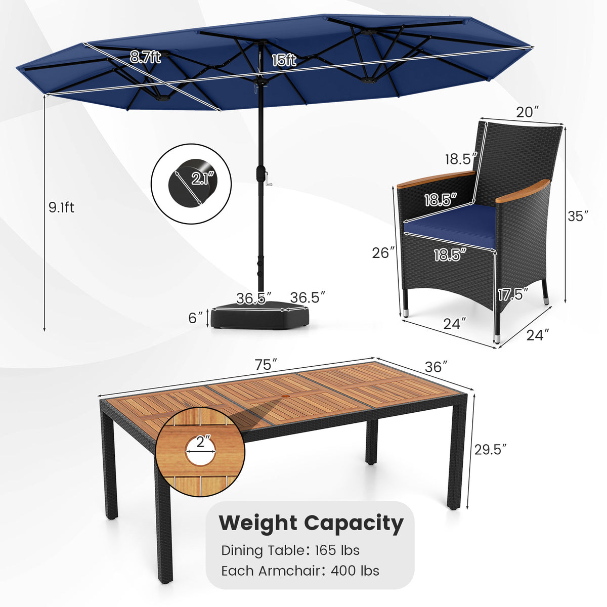 10-Piece Patio Dining Set with 15ft Double Umbrella - Navy