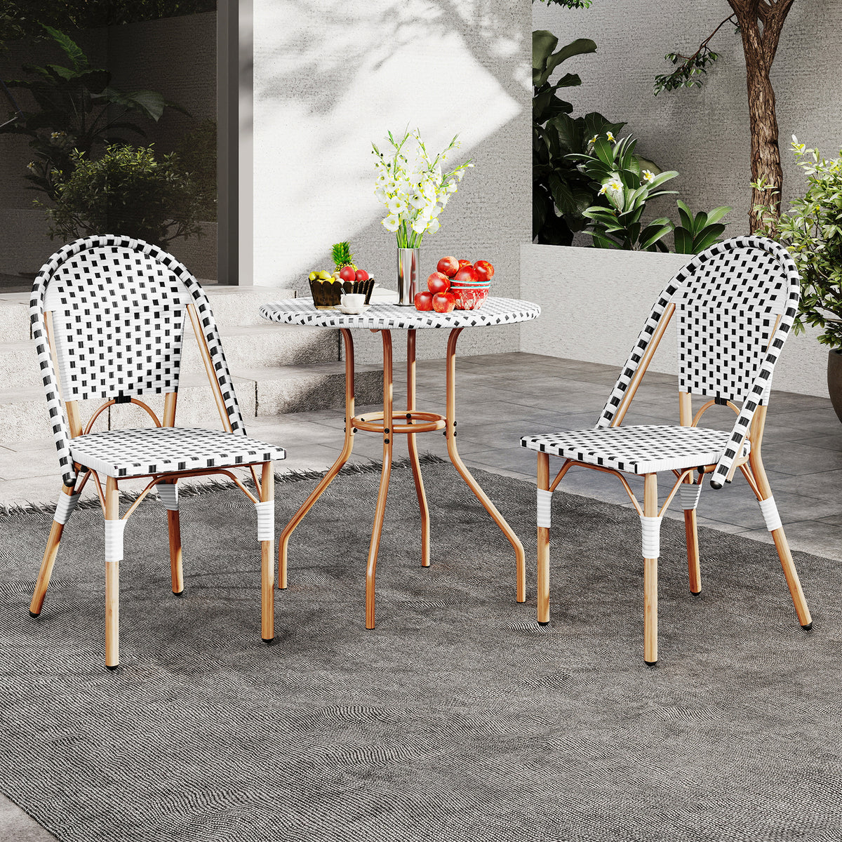 3 Piece French Bistro Table Chair Set with Outdoor Wicker Round and 2