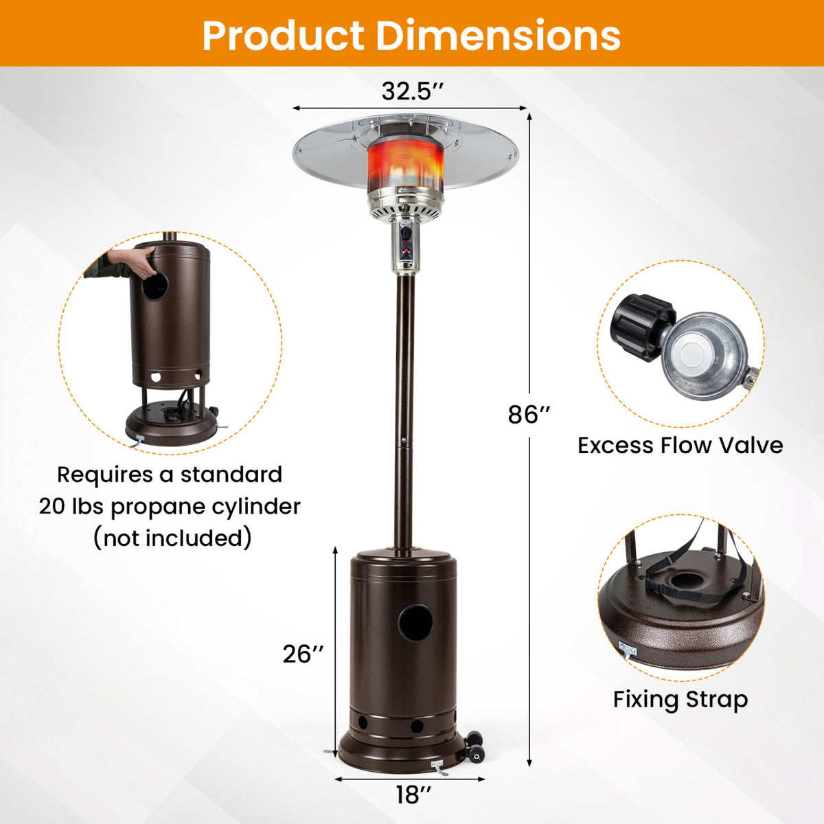 48,000 BTU Patio Propane Gas Heater with Stainless Steel Burner