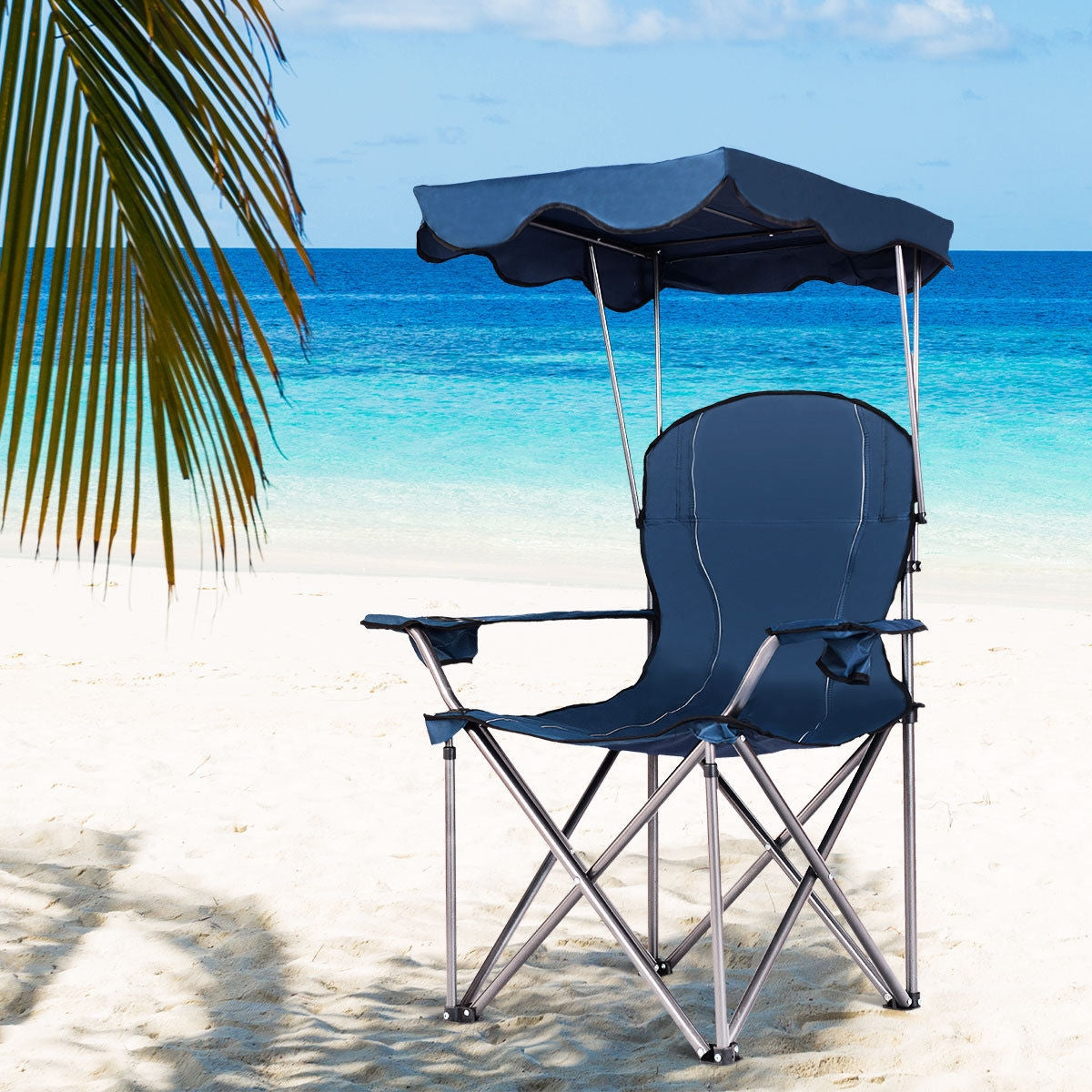 Portable Folding Beach Canopy Chair with Cup Holders - Red