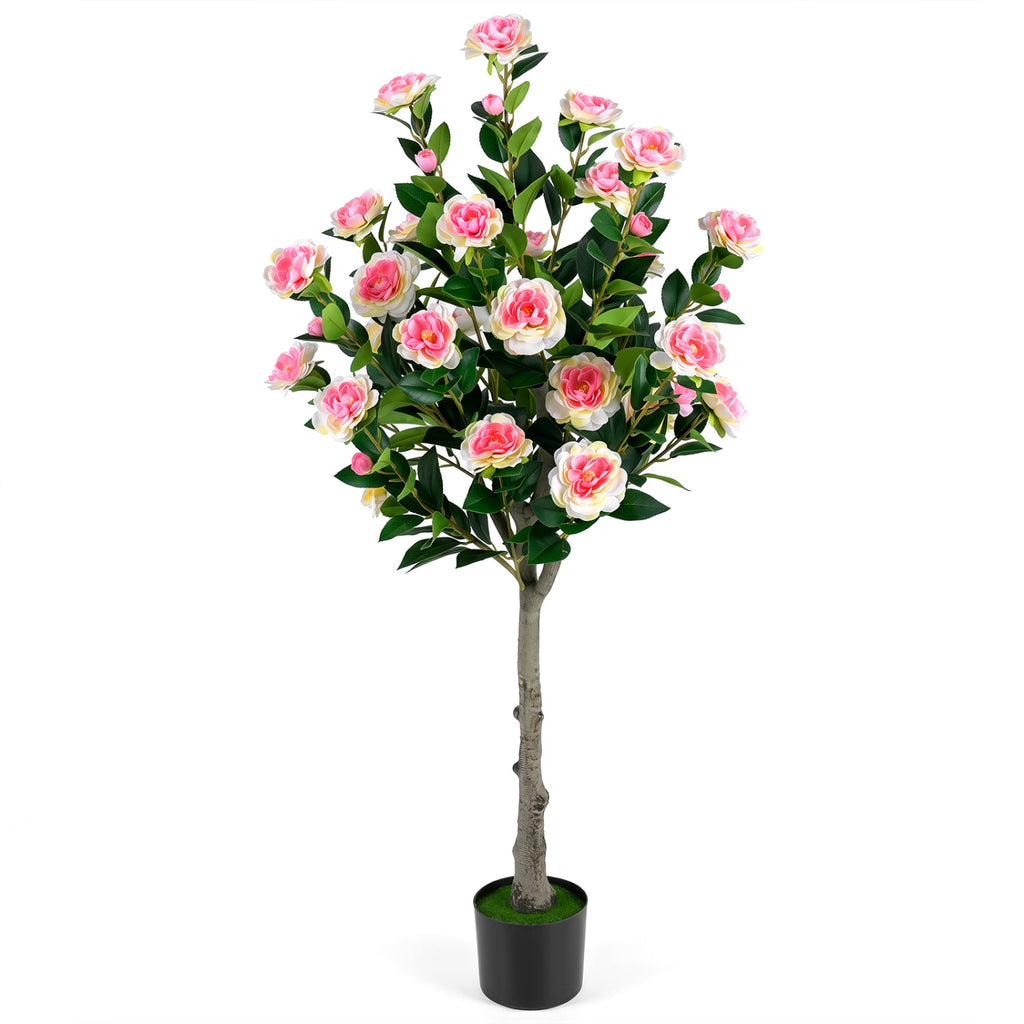 Artificial Camellia Tree 35.5 Inch Faux Flower Plant in Cement Pot - Yellow, 1 Pack