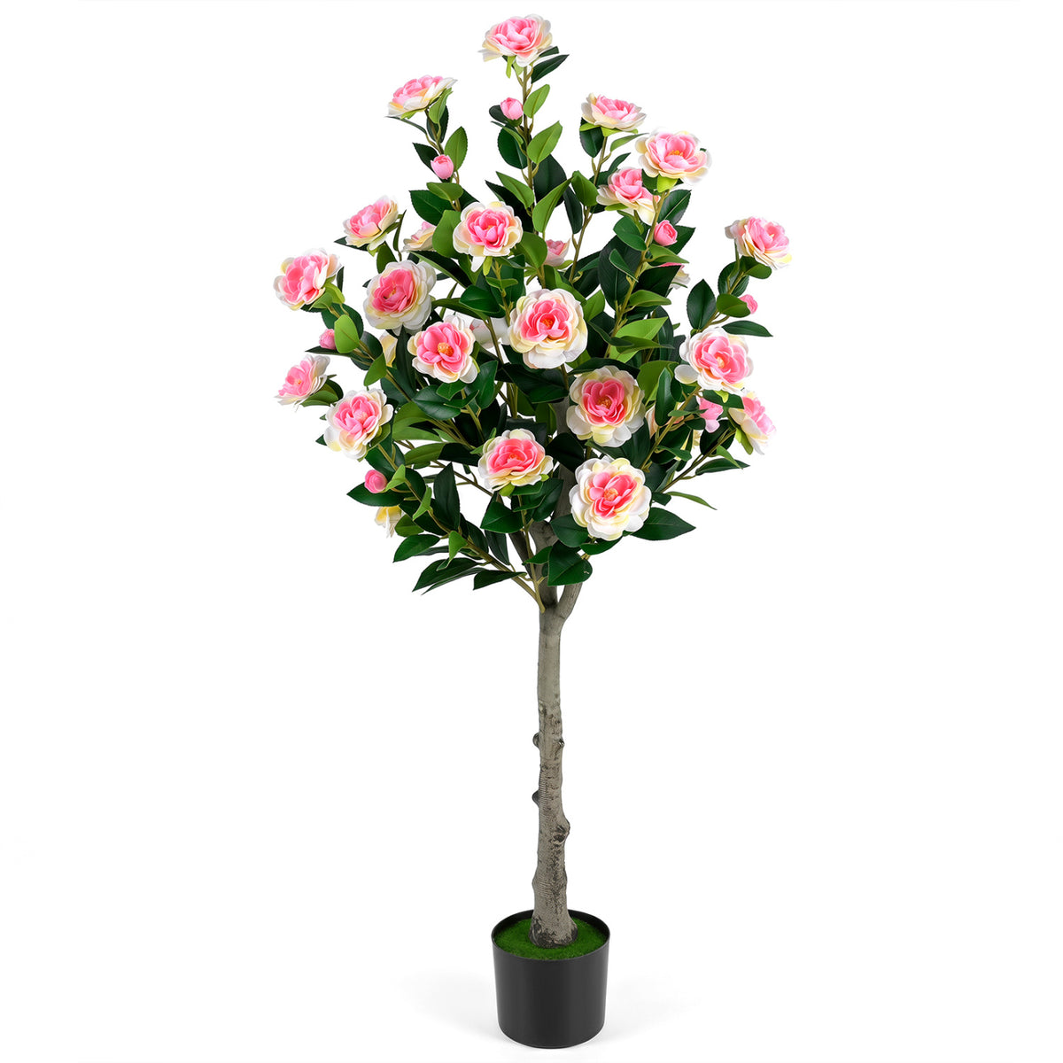 Artificial Camellia Tree 35.5 Inch Faux Flower Plant in Cement Pot - Yellow, 1 Pack