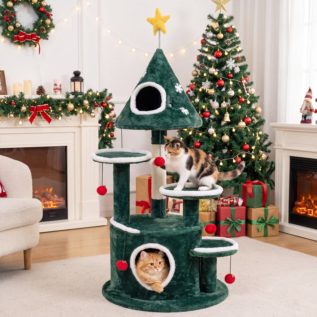 50 Inch Green Christmas Cat Tree with 2 Condos & Sisal Scratching Post - Costway
