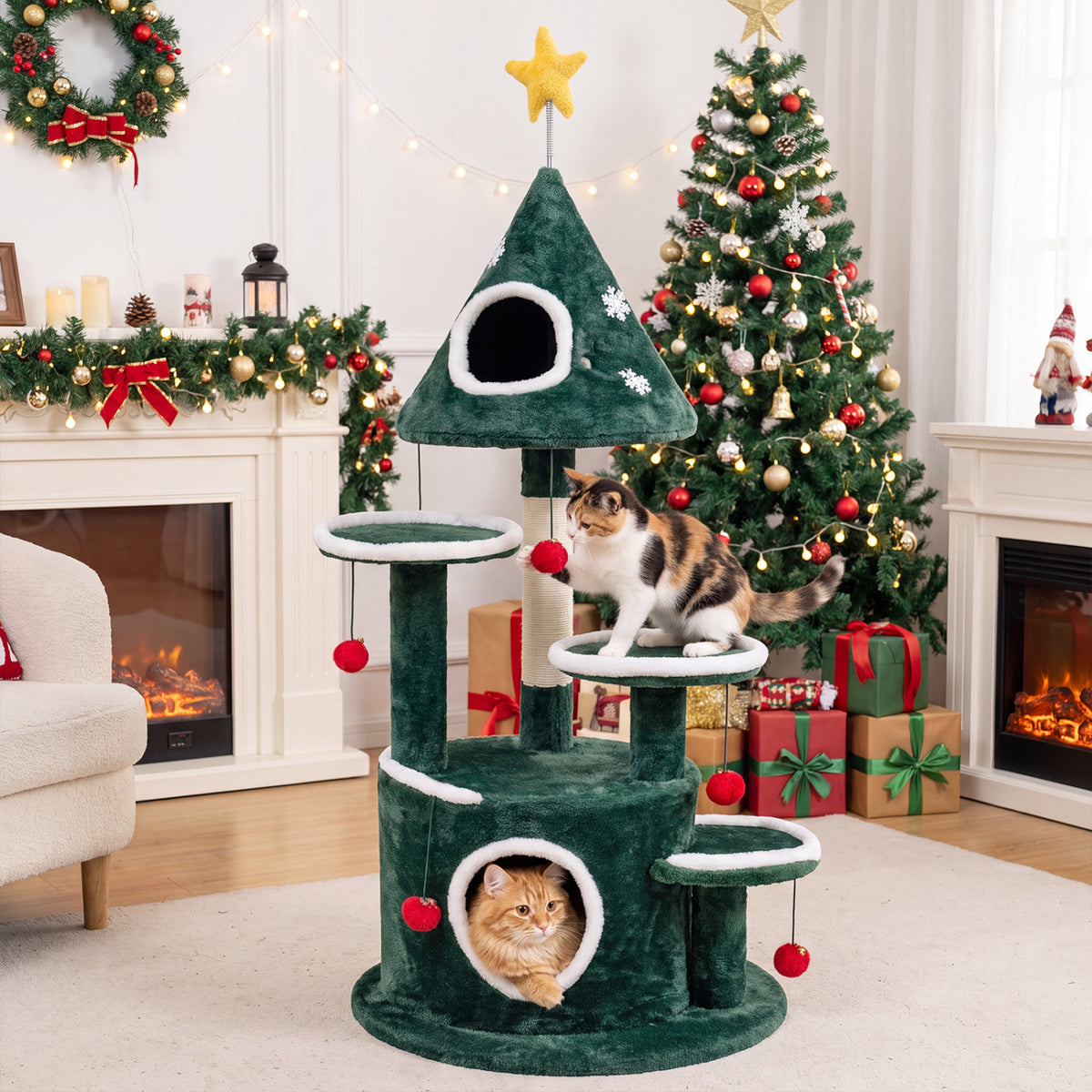 50 Inch Green Christmas Cat Tree with 2 Condos & Sisal Scratching Post - Costway