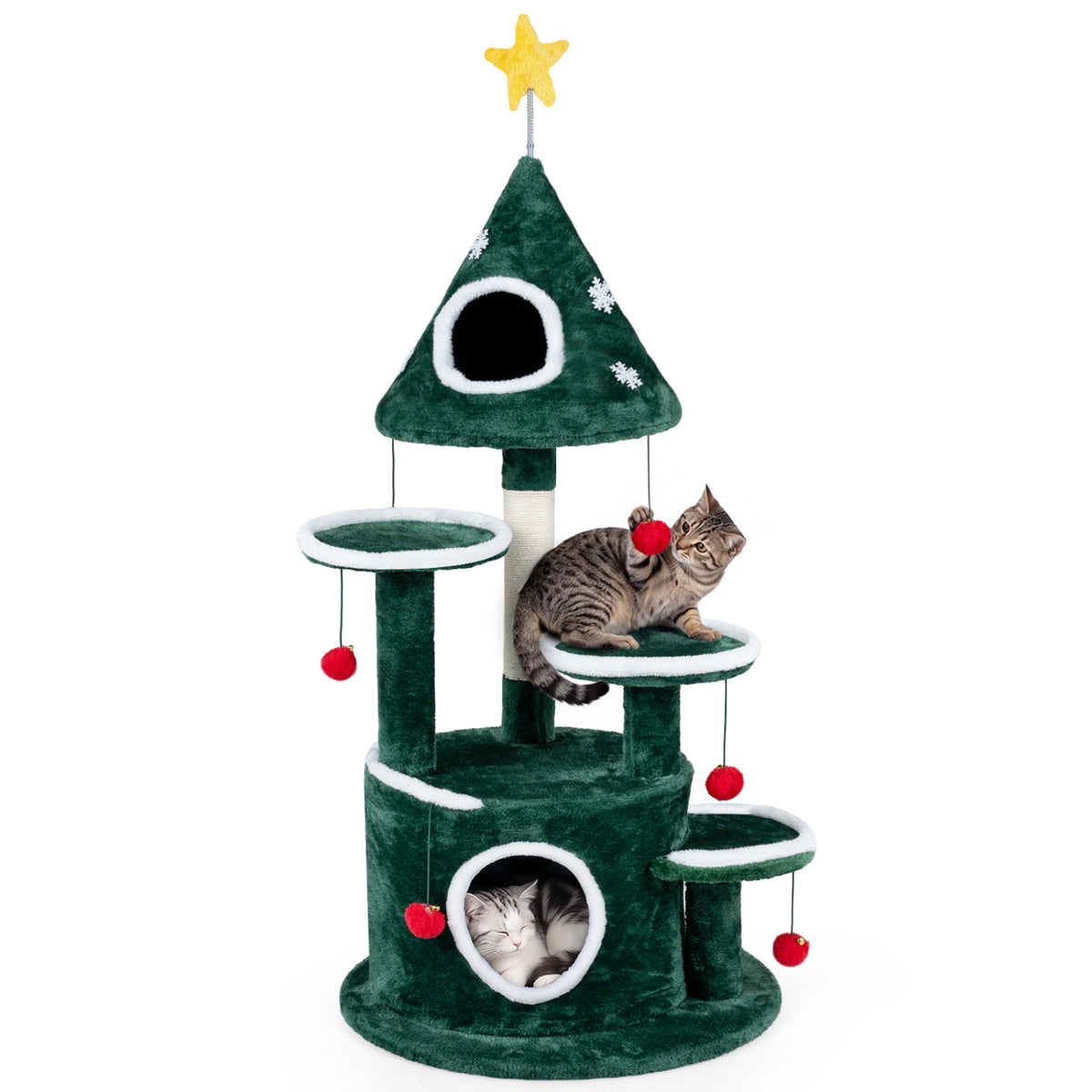50 Inch Green Christmas Cat Tree with 2 Condos & Sisal Scratching Post - Costway